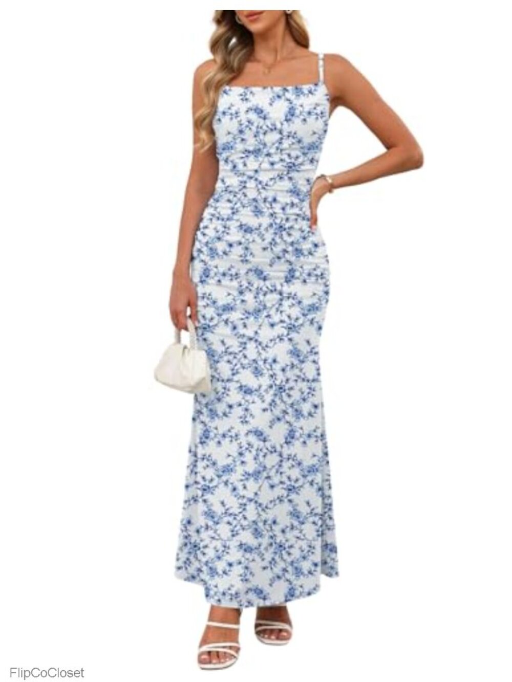 Ruched Bodycon Maxi Dress Spaghetti Strap Floral Wedding Guest